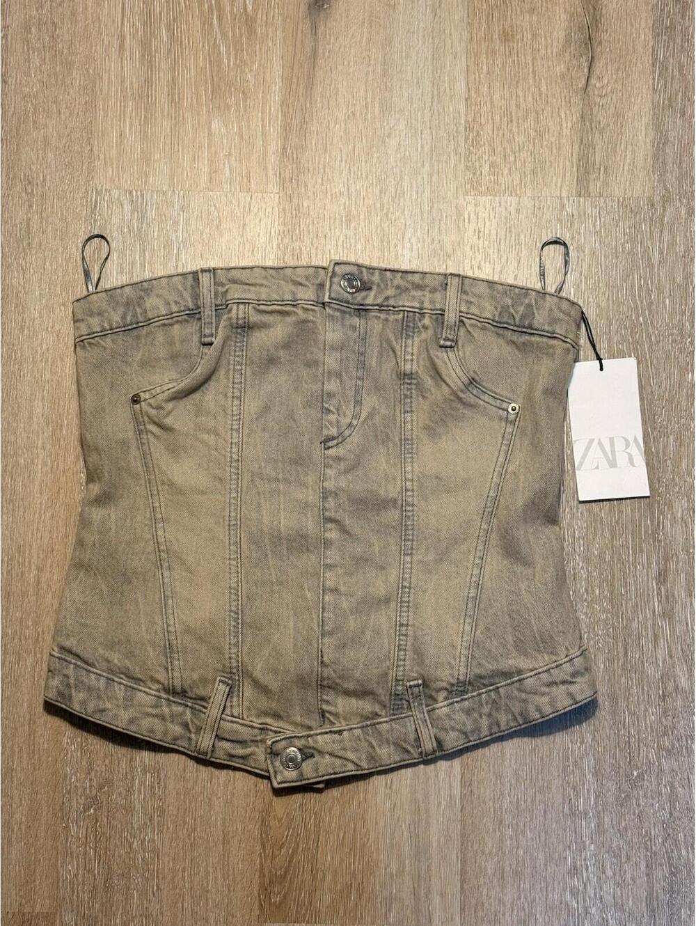 NEW Zara Womens S - Grey Denim Y2K Bustier Corset Style Strapless Tube Top NWT